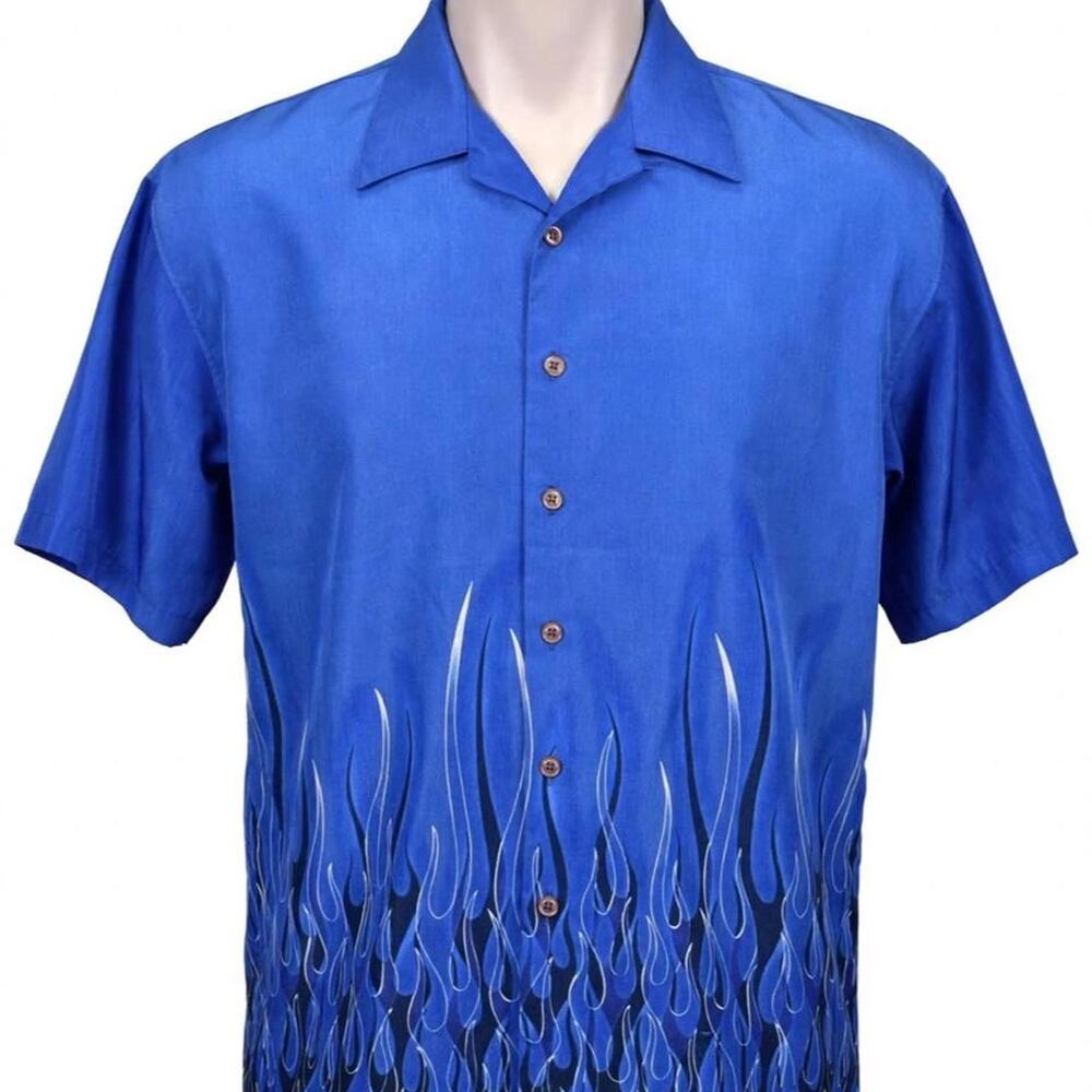 VTG Y2K No Contest Shirt Mens XL Blue Flame Bowling Button Up Microfiber Retro